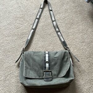 Olive denim messenger bag with white fur accents  - excellent condition